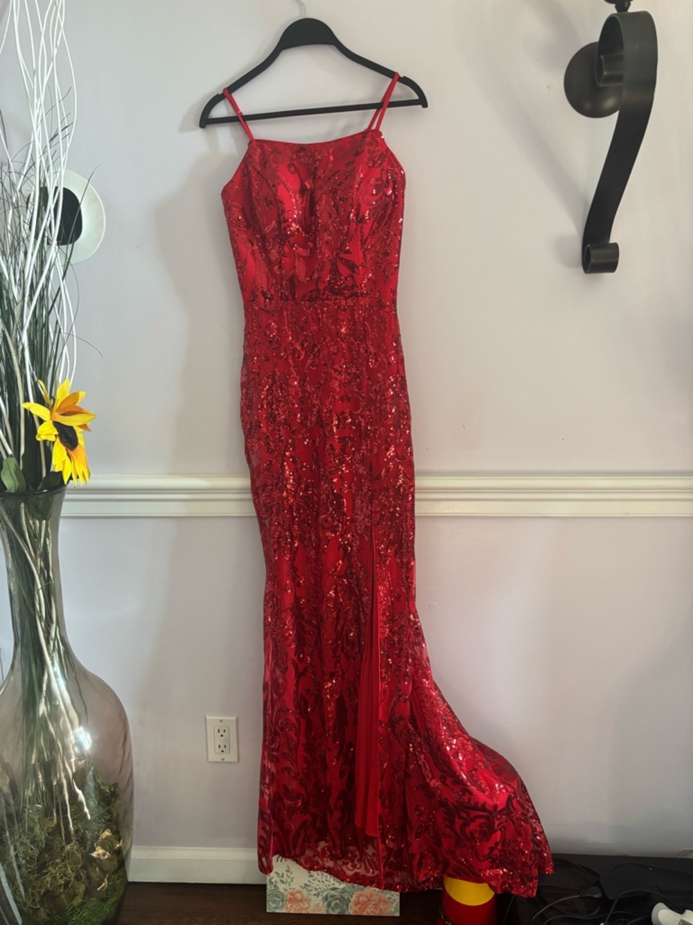 Red Sequin Spaghetti Strap Evening Gown